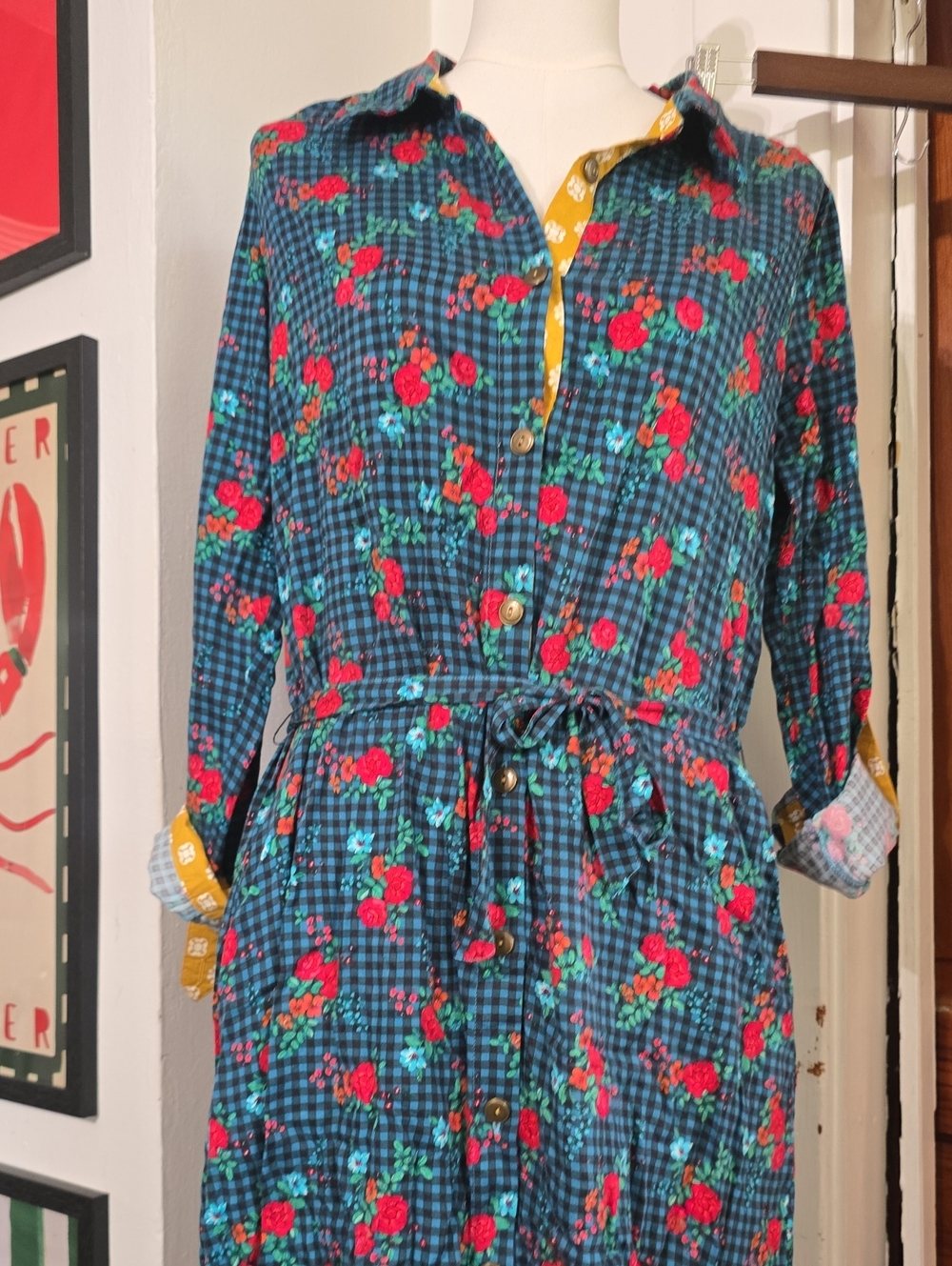 Matilda Jane Teal Plaid with Red Floral and Mustard Trim Dress Fa La La - Picture 2 of 3